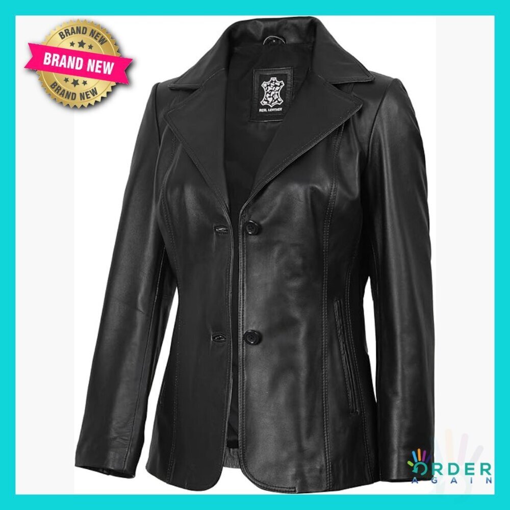 Real Lambskin Leather Blazer Jacket Women's Stylish Classic Notch Lapel